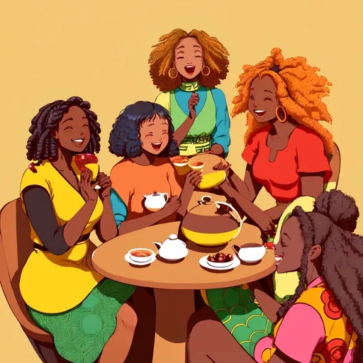 Prompt: 5 femmes noires prennent un thé. Nous sommes en 2024; Elles ont un style afripéen. Elles ont les cheveux naturels, les unes portent des locks, les autres ont les cheveux courts ou les cheveux longs. Elles rient aux éclat
