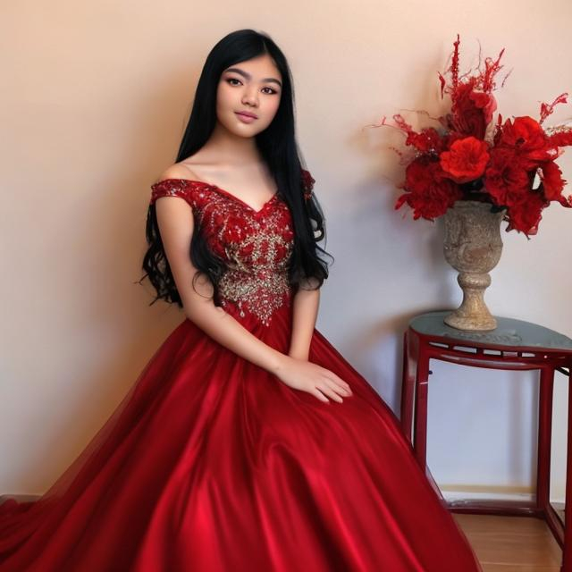 Prompt: a beautiful Asian girl with long black hair and wearing a long red prom dress.