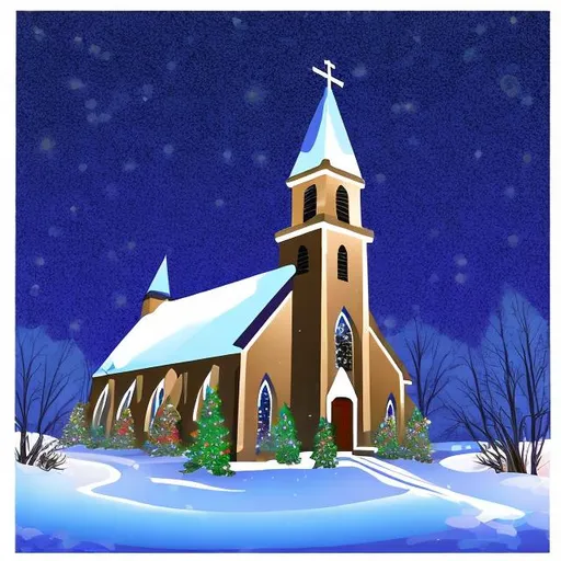 Prompt: clip art of a church on a starry, snowy christmas night with glowing light
