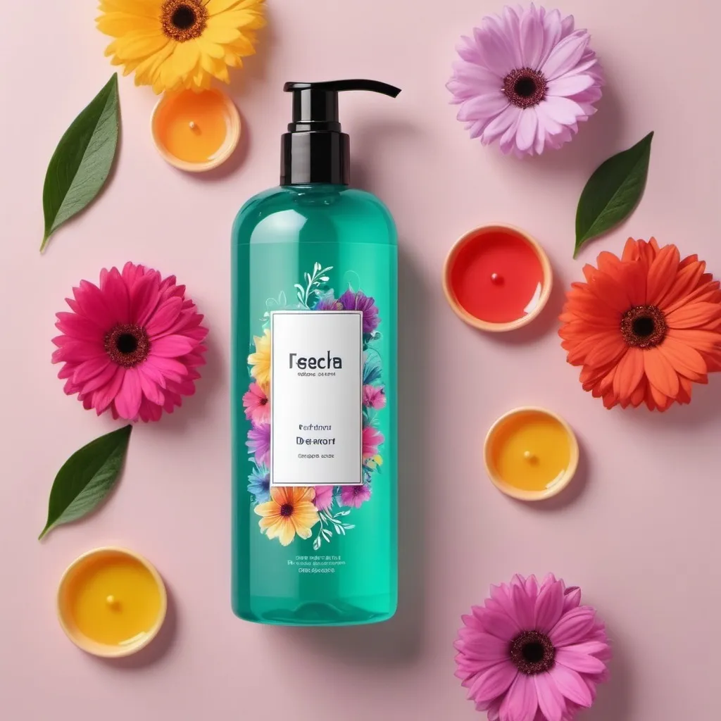 Prompt: Hey generate for me a shower gel picture with name color wave and slogan freshness in every degree with floral designs and bright colors 
