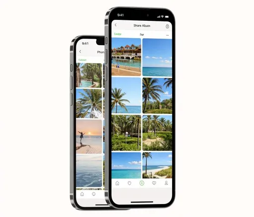 Prompt: I want you to make me a photo that I can use for website. Here is what I need: I want the layout to be like a iphone that is 3D & looks good, it should have battery life, time, cellular data (this should all look like a normal iphone so far. 
Inside the iphone outline: I want you to research what shared photo albums and what they look like in a iphone, and I want you to have a share album inside the layout, the photos should be clear, realistic, and from (the user's) vacation. 