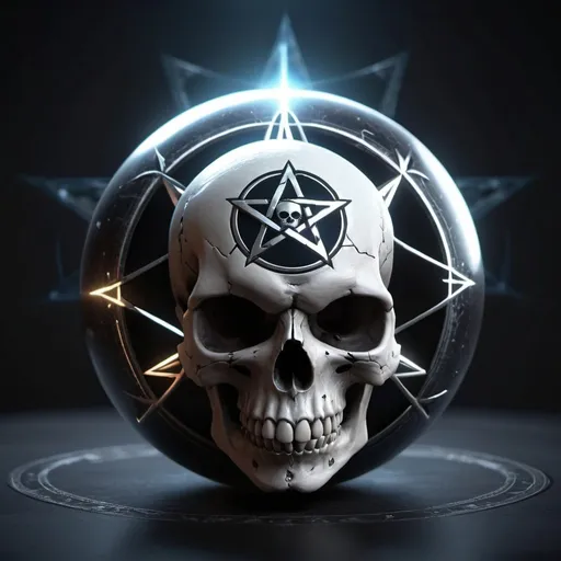 Prompt: dark energy sphere with a skull and a shining pentagram behind the skull, high quality, unreal engine