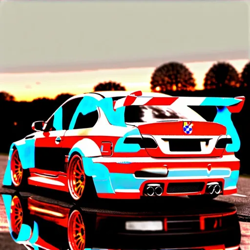 Prompt: realistic Bmw e46 in silver with a porshe 911 gt3 rs spoiler , bmw e46 m3 rear lights and a wide body kit