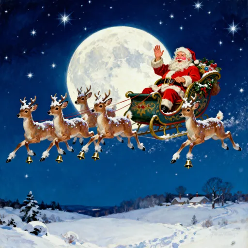 Prompt: Norman Rockwell Santa Claus riding in his sleigh with eight tiny reindeer with a full moon