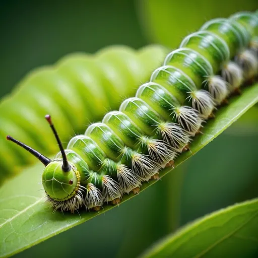 Prompt: Macro shot of a caterpillar on a leaf