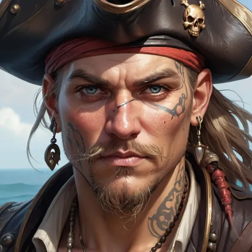 Prompt: close up of a pirate with scars and a face tattoo, deep focus, d & d, fantasy, intricate, elegant, highly detailed, digital painting, artstation, concept art, matte, sharp focus, illustration, hearthstone, art by artgerm and greg rutkowski and alphonse mucha
