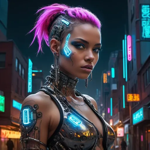 Prompt: A cybernetically enhanced woman, her metal-plated skin shimmering with neon lights against the gritty urban backdrop. The futuristic portrait, likely a digital painting, showcases her strikingly augmented body and piercing gaze. Each bionic limb is intricately detailed, contrasting with her punk-inspired fashion and rebellious attitude. The image's vivid colors and flawless rendering elevate it to a level of exceptional artistry, capturing the essence of a fierce, tech-savvy heroine in a near-future setting.