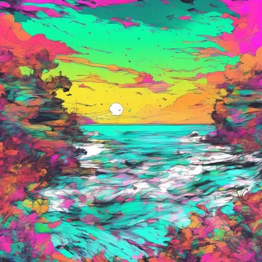 Prompt: vibrant inkpunk style photo of an ocean view