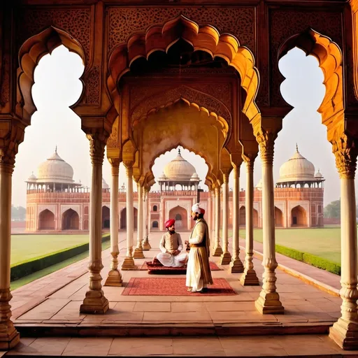 Prompt: I want an image of akbar humayun and shahjahan with realist features they should be standing and some sitting in a mughal architecture of lucknow of thier time