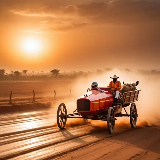Prompt: A sleek, high-end racing car blazes down a professional race track, kicking up dust in its wake.  Just off the edge of the track, a traditional bullock cart trundles along, forming a stark contrast in speed and technology. The warm hues of a setting sun paint the sky in vibrant oranges and reds.