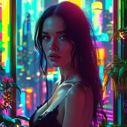 Prompt: (hyper-realistic) beautiful and sensual woman, (piercing gaze), very long hair, pale skin, black dress, (high-tech future) neon city skyline, luxurious apartment adorned with plants, elements of Catholic art, (Eve Ventrue) influence, cinematic lighting, ethereal atmosphere, goth vibe, full body portrait, ultra-detailed, vibrant colors, dreamy surrealism, atmospheric reflections, intricate background.