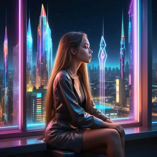 Prompt: hyper-realistic, a stunning young woman with very long hair sitting by a big window looking out at a city at night with multicolored neon building lights high tech future, futuristic. high detail, hourglass figure, gorgeous face