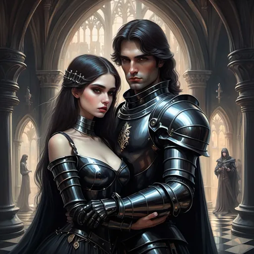 Prompt: male scifi knight in black armor holding ethereal gothic beautiful woman with gorgeous face and dark hair, waterhouse art style, chess elements, holy grail