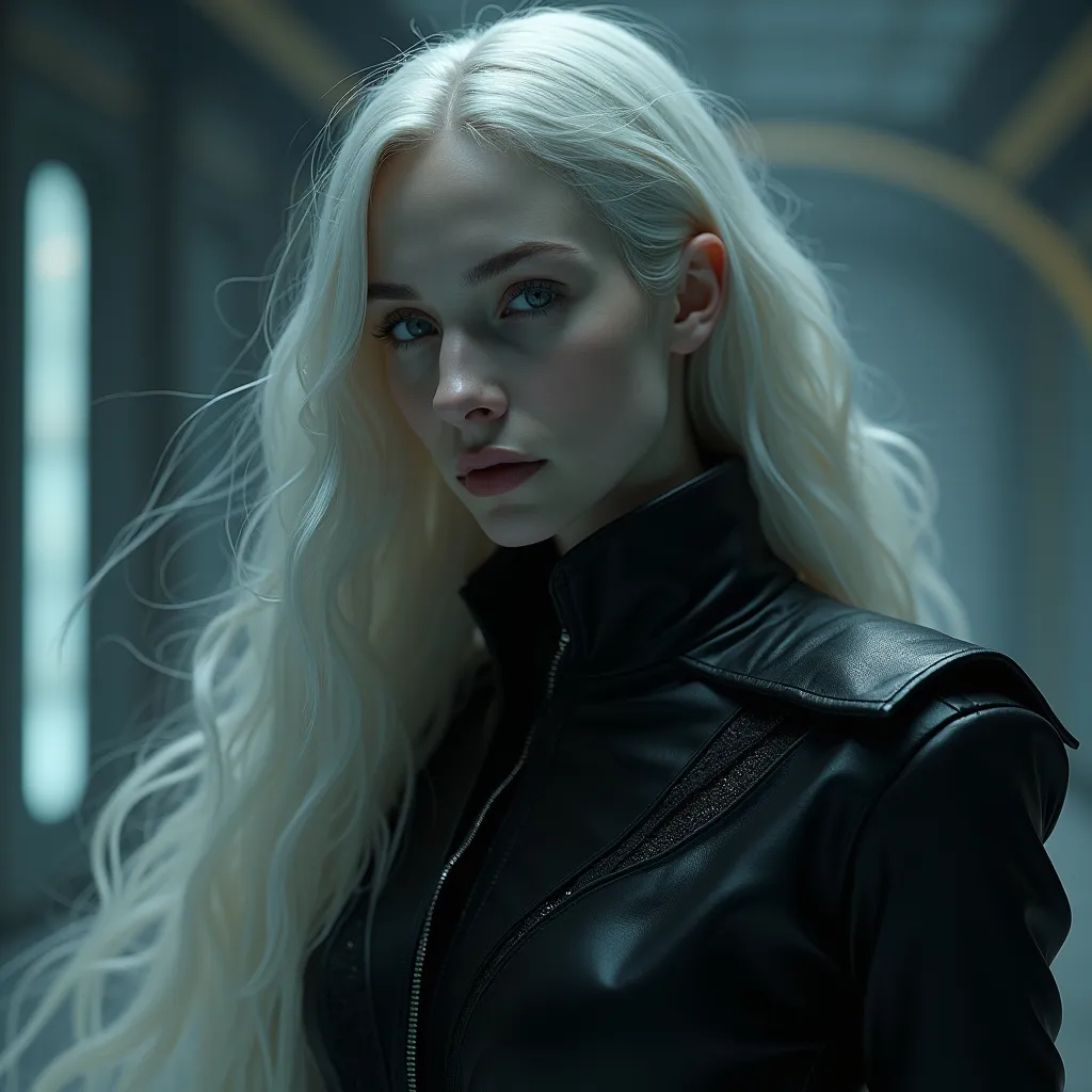 Prompt: hyper-realistic beautiful and sensual woman with very long hair, pale skin, black clothes in space, high tech future, catholic art, eve ventrue, cinematic, ethereal