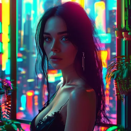 Prompt: (hyper-realistic) beautiful and sensual woman, (piercing gaze), very long hair, pale skin, black dress, (high-tech future) neon city skyline, luxurious apartment adorned with plants, elements of Catholic art, (Eve Ventrue) influence, cinematic lighting, ethereal atmosphere, goth vibe, full body portrait, ultra-detailed, vibrant colors, dreamy surrealism, atmospheric reflections, intricate background.