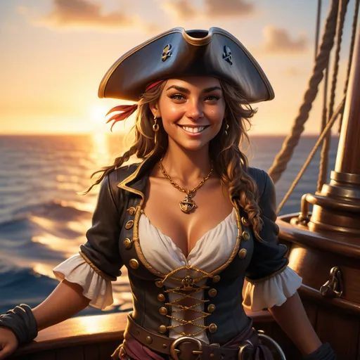 Prompt: As the sun sets over the ocean, a female pirate stands at the helm of her ship, her tan skin glowing in the warm light. She looks out at the horizon with a satisfied smile, her pirate hat and gold necklace adding to her commanding presence.