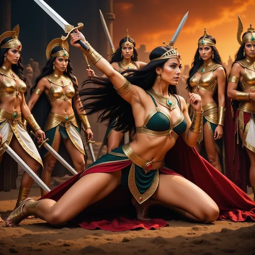 Prompt: (fantasy style painting), a strong woman in a (warrior costume) surrounded by other women in ornate (swords and armor), warm color scheme, radiant golden and soft reddish tones reflecting a heroic atmosphere, detailed (concept art) elements, each character distinct and intriguing, inspired by Anne Stokes, highly detailed, ultra-detailed illustration, dynamic poses conveying strength and unity.