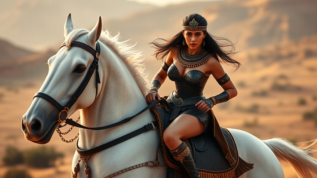 Prompt: ( young Egyptian queen), wearing a tiny, revealing (two-piece black multifunctional Amazon style armor) that accentuates her figure, riding a galloping (majestic white Arabian horse), fierce expression, dynamic motion, (emerald encrusted sword sheathed at her left hip), golden accessories glinting, intense action, dramatic landscape backdrop, (highly detailed, 4K, cinematic).