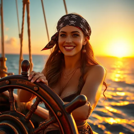 Prompt: (smiling female pirate at ship helm), golden sunset illuminating ocean waves, warm light reflecting off tan skin, (commanding presence) in pirate hairscarf and gold necklace, looking towards the horizon, tranquil atmosphere, (adventurous spirit), ornate pirate ship deck, soft ripples in the water, ultra-detailed, vibrant colors, high quality.