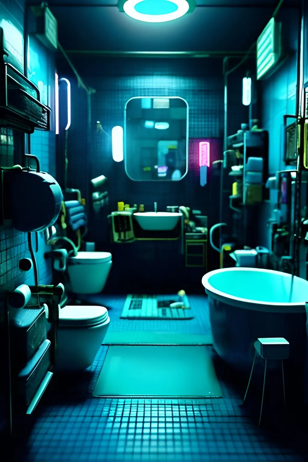 Prompt: cinematic IKEA catalogue photo of a cyberpunk bathroom,