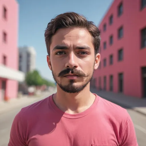 Prompt: 1boy, 3d, beard, blurry, blurry background, blurry foreground, building, chromatic aberration, depth of field, facial hair, film grain, male focus, mustache, outdoors, photo \(medium\), photo background, photorealistic, pink shirt, realistic, red shirt, shirt, short sleeves, solo, upper body