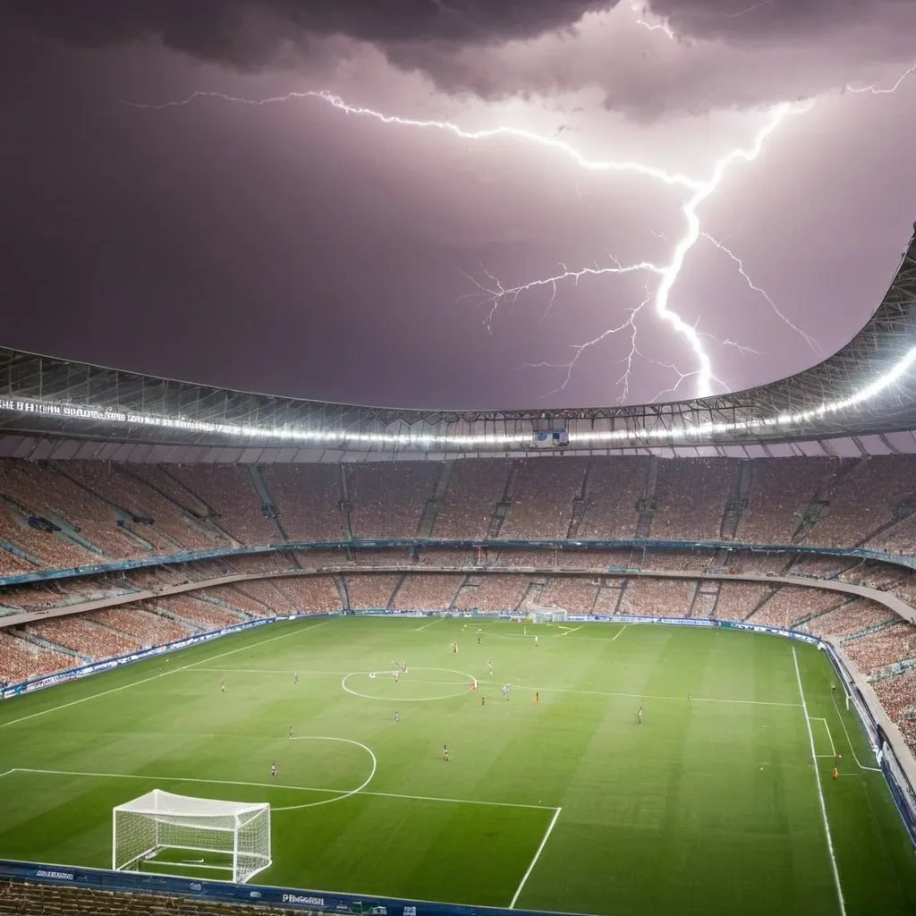 Prompt: a lightning striking a soccer stadium