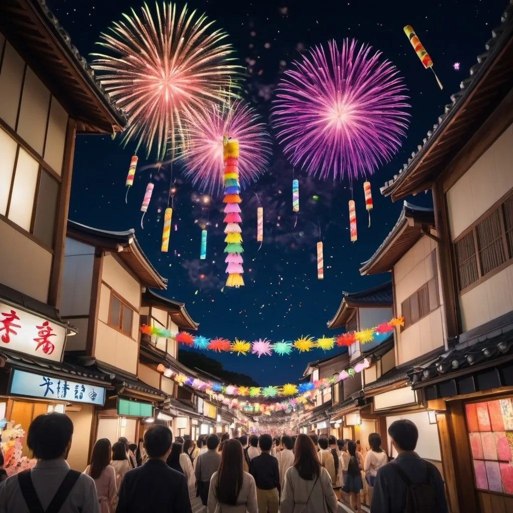 Prompt: a beautiful night scenic image of the Tanabata in Japan with colorful fireworks in the sky