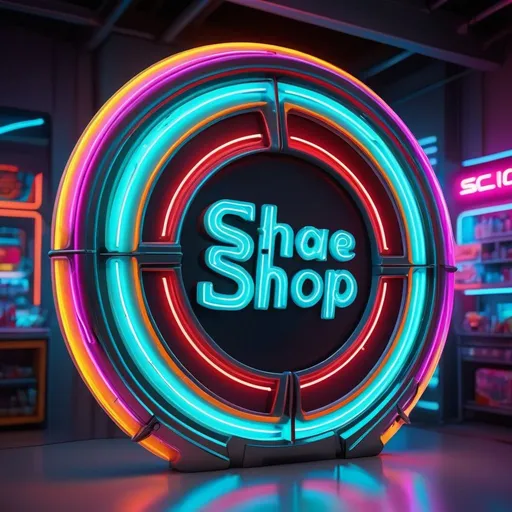 Prompt: Futuristic neon shop sign in space ship style, vibrant neon lights, sleek and reflective surface, glowing letters, high-tech design, cosmic backdrop, sci-fi, futuristic, vibrant colors, ultra-detailed, professional, dynamic lighting, space ship style