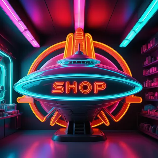 Prompt: Futuristic neon shop sign in space ship style, vibrant neon lights, sleek and reflective surface, glowing letters, high-tech design, cosmic backdrop, sci-fi, futuristic, vibrant colors, ultra-detailed, professional, dynamic lighting, space ship style
"SHOP"