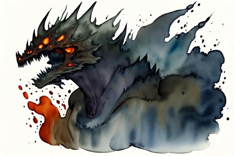 Prompt: Please create a monster manual page, I want ominous watercolour Elemental beasts with smokey watercolour effects surrounding the creature. Coffee torn background. Raging Fire and Water Elemental Beasts