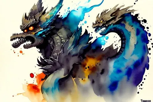 Prompt: Please create a monster manual page, I want ominous watercolour Elemental beasts with smokey watercolour effects surrounding the creature. Coffee torn background. Raging Fire and Water Elemental Beasts