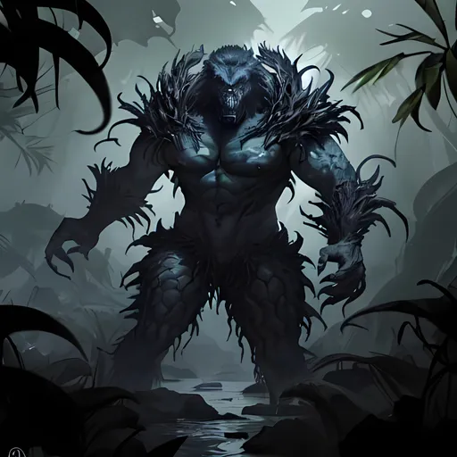 Prompt: Create a dynamic and captivating splash art featuring the Orrilus, a fearsome hybrid race of creatures. The scene should depict a dense rainforest or swamp environment, with towering trees and lush vegetation. The Orrilus should be showcased in the foreground, emerging from the shadows with its muscular gorilla body and kraken-like tentacles. Its eyes should gleam with intelligence and menace, and its tentacles should be coiled and ready to strike. The atmosphere should be filled with an air of mystery and danger, hinting at the creature's formidable nature and the perils of the jungle. Use vibrant colors and dramatic lighting to bring the scene to life, capturing the attention of viewers and immersing them in the world of the Orrilus.