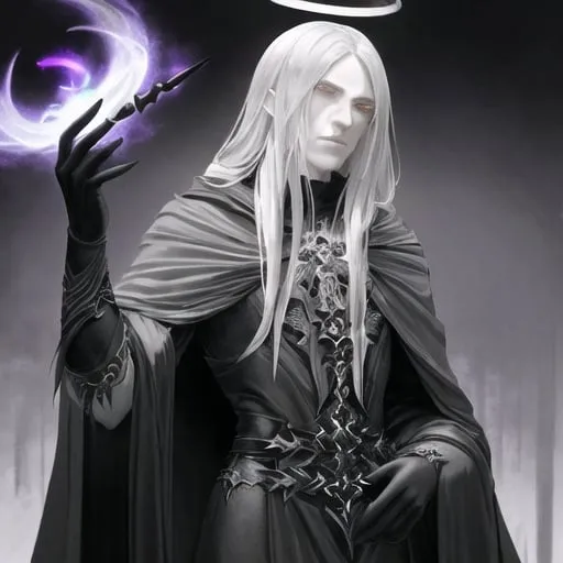 Prompt: Design a sprite for a fallen Aasimar named. This Aasimar possesses a dark and ominous nature, with a brooding and edgy aura. The color palette should lean towards deep purples, blacks, and grays, reflecting the character's fallen status and embracing the shadows.

The character should have a tall and imposing figure, with Gandalf-like aesthetics in terms of clothing and accessories. Imagine a cloak that billows dramatically and an overall silhouette that exudes a sense of mystery and wisdom. The fallen Aasimar should carry a smoking pipe as an essential accessory, adding a touch of sophistication to its dark demeanor.

Atop the character's head, there should be a dark and ominous halo, contrasting the traditional bright and radiant halos associated with celestial beings. This halo should emanate a faint, eerie glow, symbolizing the character's fallen nature. Consider incorporating subtle details like wisps of shadow or ethereal tendrils surrounding the halo for added visual impact.

The character's facial expression should convey a sense of wisdom and contemplation, with piercing eyes that have seen the depths of both light and darkness. The overall design should strike a balance between the dark, ominous presence and the inherent wisdom associated with the fallen Aasimar.