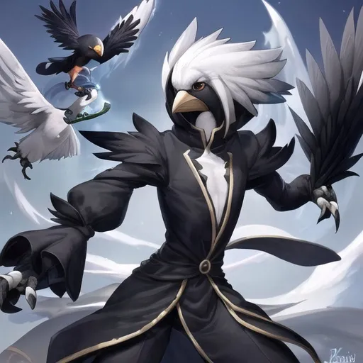Prompt: Design a sprite for a white Kenku wizard. This Kenku has a mischievous and chaotic personality, embodying the essence of a feathered troublemaker. Its feathers should be predominantly white, with subtle hints of white, silver or iridescent blue, giving it a striking and unique appearance. 

The Kenku's bird-like features should be emphasized, with a sleek and agile body resembling that of a crow or raven. Its eyes should gleam with mischief, and its beak should be slightly curved, conveying a sly and cunning expression. The feathers should have a disheveled and unkempt appearance, reflecting the carefree and rebellious nature of the character.

To enhance its chaotic nature, the Kenku should be adorned with various trinkets such as shiny objects, keys, or small gadgets. The sprite should capture the Kenku in a dynamic pose, suggesting it's in the midst of pulling off a prank or causing some chaos.

Feel free to play with the bird-like features, incorporating wing shapes, tail feathers, or other avian characteristics. The goal is to create a sprite that vividly brings to life the mischievous and bird-like nature of this Kenku rogue.