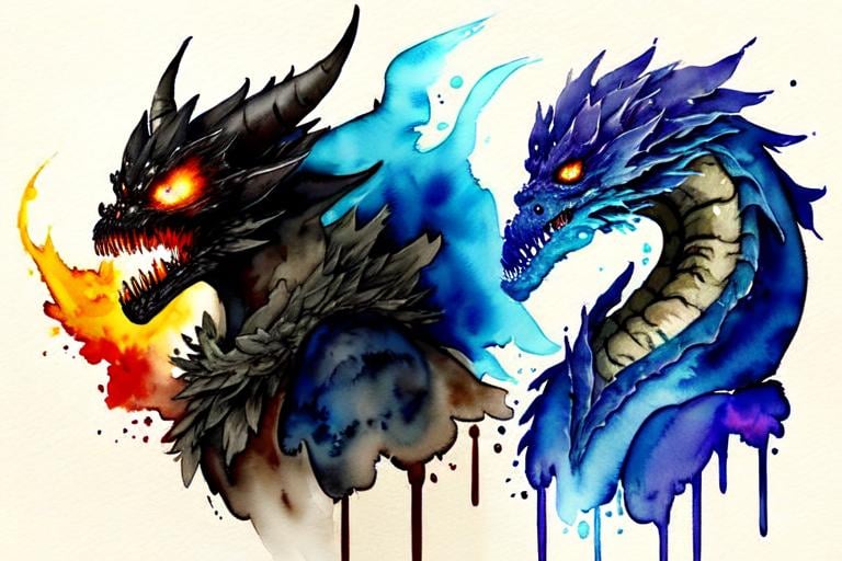 Prompt: Please create a monster manual page, I want ominous watercolour Elemental beasts with smokey watercolour effects surrounding the creature. Coffee torn background. Raging Fire and Water Elemental Beasts