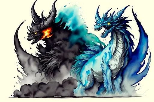 Prompt: Please create a monster manual page, I want ominous watercolour Elemental beasts with smokey watercolour effects surrounding the creature. Coffee torn background. Raging Fire and Water Elemental Beasts