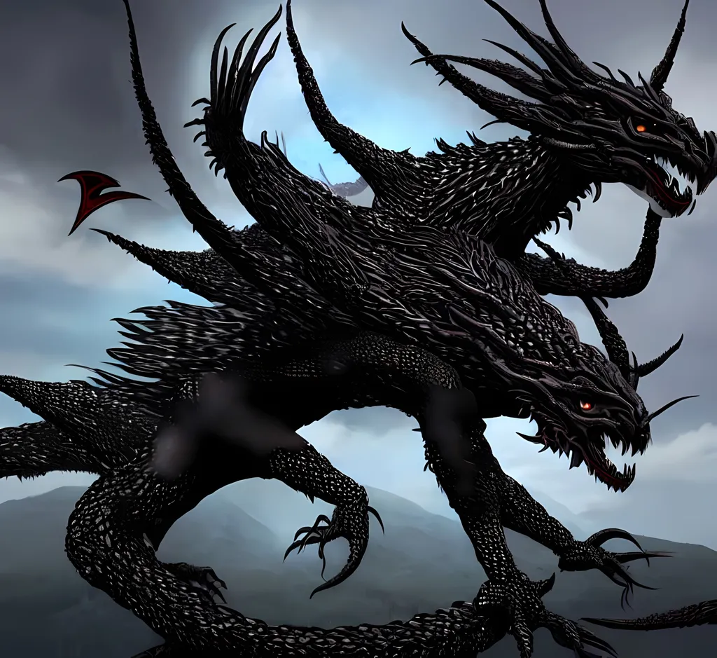 Prompt: A gigantic monstrous creature, Black bear arms, Raptor Legs, Tree-Vine Limbs, The dragon of a large millipede, a bulging heart in the centre of the body, covered in dragon scales, surrounded by lightning, feathered wings with a 50 feet wingspan, with razor-sharp talons, a large abdomen for spawning feral creatures, with a mouth containing many rows of serrated teeth, multiple sets of eyes. The monster 
is 100 Feet long. Bright red eyes