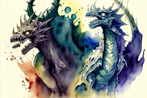 Prompt: Please create a monster manual page, I want ominous watercolour Elemental beasts with smokey watercolour effects surrounding the creature. Coffee torn background