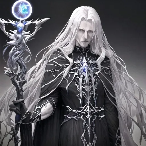 Prompt: Design a sprite for a fallen Aasimar. This character has a dark and brooding nature, with an edgy and mysterious demeanor. The fallen Aasimar's celestial heritage is twisted and corrupted, evident in its somber appearance. The skin should have a pale or ashen complexion, and the hair could be dark, flowing, and slightly unkempt.

Incorporate Gandalf-like aesthetics by giving the fallen Aasimar a long, tattered cloak and a weathered staff. The cloak should be dark in color, perhaps with subtle celestial motifs that hint at the character's fallen nature. The staff can be adorned with intricate carvings or glowing runes, symbolizing both the character's wisdom and the corruption that has befallen them.

Add smoking pipes to the character's design, either held in hand or hanging from a pocket. The pipes should emit a faint, otherworldly smoke, contributing to the character's enigmatic aura. Consider giving the Aasimar a wise expression, with glowing eyes that reflect both the celestial and corrupted aspects of their being.

Capture a sense of wisdom, weariness, and a touch of melancholy in the sprite. The fallen Aasimar should exude an air of mysterious sagacity, reminiscent of Gandalf, but with an added dark and edgy twist.