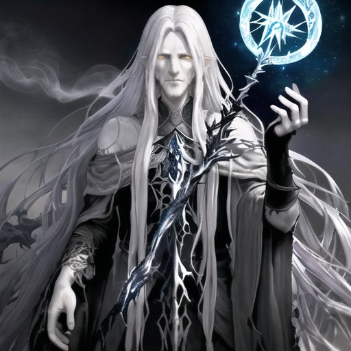 Prompt: Design a sprite for a fallen Aasimar. This character has a dark and brooding nature, with an edgy and mysterious demeanor. The fallen Aasimar's celestial heritage is twisted and corrupted, evident in its somber appearance. The skin should have a pale or ashen complexion, and the hair could be dark, flowing, and slightly unkempt.

Incorporate Gandalf-like aesthetics by giving the fallen Aasimar a long, tattered cloak and a weathered staff. The cloak should be dark in color, perhaps with subtle celestial motifs that hint at the character's fallen nature. The staff can be adorned with intricate carvings or glowing runes, symbolizing both the character's wisdom and the corruption that has befallen them.

Add smoking pipes to the character's design, either held in hand or hanging from a pocket. The pipes should emit a faint, otherworldly smoke, contributing to the character's enigmatic aura. Consider giving the Aasimar a wise expression, with glowing eyes that reflect both the celestial and corrupted aspects of their being.

Capture a sense of wisdom, weariness, and a touch of melancholy in the sprite. The fallen Aasimar should exude an air of mysterious sagacity, reminiscent of Gandalf, but with an added dark and edgy twist.