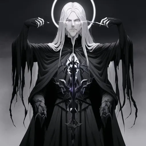 Prompt: Design a sprite for a fallen Aasimar named. This Aasimar possesses a dark and ominous nature, with a brooding and edgy aura. The color palette should lean towards deep purples, blacks, and grays, reflecting the character's fallen status and embracing the shadows.

The character should have a tall and imposing figure, with Gandalf-like aesthetics in terms of clothing and accessories. Imagine a cloak that billows dramatically and an overall silhouette that exudes a sense of mystery and wisdom. The fallen Aasimar should carry a smoking pipe as an essential accessory, adding a touch of sophistication to its dark demeanor.

Atop the character's head, there should be a dark and ominous halo, contrasting the traditional bright and radiant halos associated with celestial beings. This halo should emanate a faint, eerie glow, symbolizing the character's fallen nature. Consider incorporating subtle details like wisps of shadow or ethereal tendrils surrounding the halo for added visual impact.

The character's facial expression should convey a sense of wisdom and contemplation, with piercing eyes that have seen the depths of both light and darkness. The overall design should strike a balance between the dark, ominous presence and the inherent wisdom associated with the fallen Aasimar.