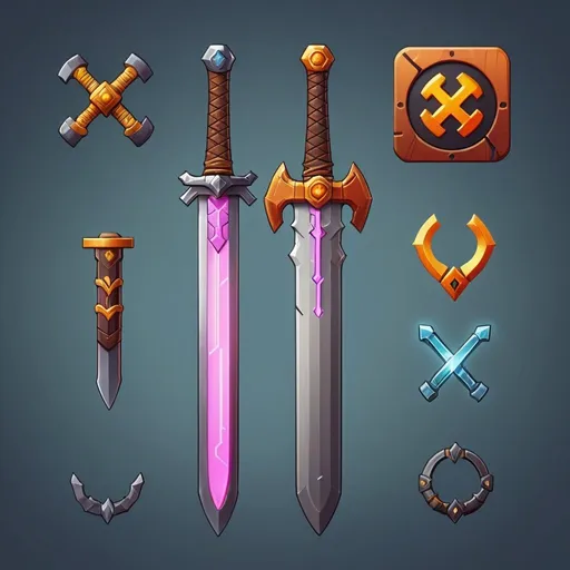Prompt: Design a pixelated icon for the Weapon parts shop in the first-person sword combat game. The icon should be simple yet recognizable, representing the concept of sword building or enhancement. Consider incorporating elements such as swords and their individual pieces, circuitry, or futuristic symbols to convey the technological aspect of the Swords. The icon should be visually appealing and easily distinguishable when displayed above the shop interface.