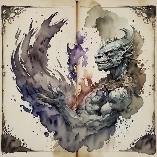 Prompt: Please create a monster manual page baking, I want a watercolour beast with smoky watercolour effects 