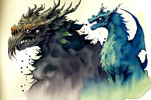 Prompt: Please create a monster manual page, I want ominous watercolour 
tree Ent beasts with smokey watercolour effects surrounding the creature. Coffee torn background. 