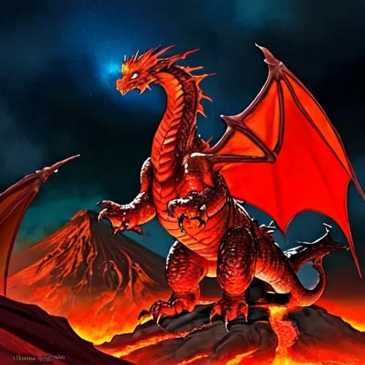 Prompt: Volcanic dragon, fiery scales, massive wingspan, intense heat radiating, epic fantasy illustration, vibrant colors, high quality, fantasy art, volcanic eruption, lava flow, detailed scales, towering silhouette, epic, mythical creature, intense lighting