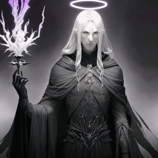 Prompt: Design a sprite for a fallen Aasimar named. This Aasimar possesses a dark and ominous nature, with a brooding and edgy aura. The color palette should lean towards deep purples, blacks, and grays, reflecting the character's fallen status and embracing the shadows.

The character should have a tall and imposing figure, with Gandalf-like aesthetics in terms of clothing and accessories. Imagine a cloak that billows dramatically and an overall silhouette that exudes a sense of mystery and wisdom. The fallen Aasimar should carry a smoking pipe as an essential accessory, adding a touch of sophistication to its dark demeanor.

Atop the character's head, there should be a dark and ominous halo, contrasting the traditional bright and radiant halos associated with celestial beings. This halo should emanate a faint, eerie glow, symbolizing the character's fallen nature. Consider incorporating subtle details like wisps of shadow or ethereal tendrils surrounding the halo for added visual impact.

The character's facial expression should convey a sense of wisdom and contemplation, with piercing eyes that have seen the depths of both light and darkness. The overall design should strike a balance between the dark, ominous presence and the inherent wisdom associated with the fallen Aasimar.