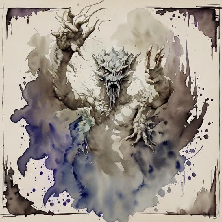 Prompt: Please create a monster manual page baking, I want a faint watercolour beast with smokey watercolour effects