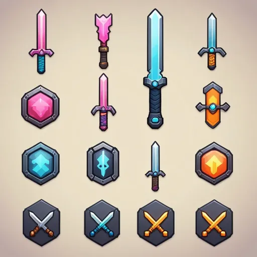 Prompt: Design a cute pixelated icon for the Weapon parts shop in the first-person sci-fi sword combat game. The icon should be simple yet recognizable, representing the concept of sword building or enhancement. Swords and their individual pieces, circuitry, or futuristic symbols to convey the technological aspect of the Swords. The icon should be visually appealing and easily distinguishable when displayed above the shop interface.
maybe with a small mascot