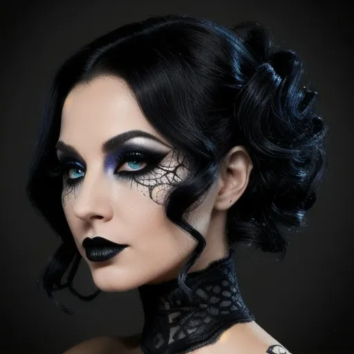 Prompt: Wicked Noir Ensemble:

Vintage Glam Color: Obsidian Black
Nature-Inspired Color: Midnight Sky Black
Futuristic Hues Color: Quantum Black
Suggested Approach:
Use obsidian black as the base for an intense, jet-black smoky eye.
Combine intricate lace patterns with midnight sky black for a gothic touch.
Integrate quantum black for a bold eyeliner or in the outer corners for added depth.