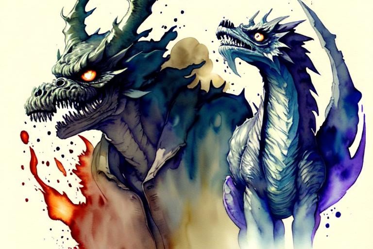 Prompt: Please create a monster manual page, I want ominous watercolour Elemental beasts with smokey watercolour effects surrounding the creature. Coffee torn background. Raging Fire and Water Elemental Beasts